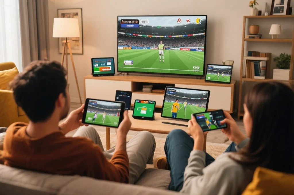 现代体育娱乐平台的用户在家中通过多设备体验赛事和互动，感受数字体育的乐趣
