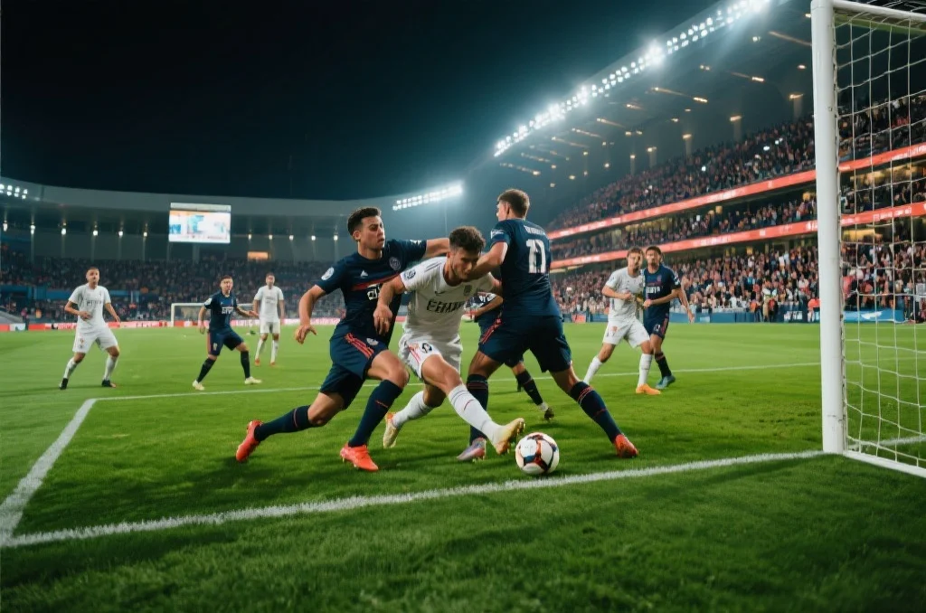 激烈对抗的足球比赛瞬间